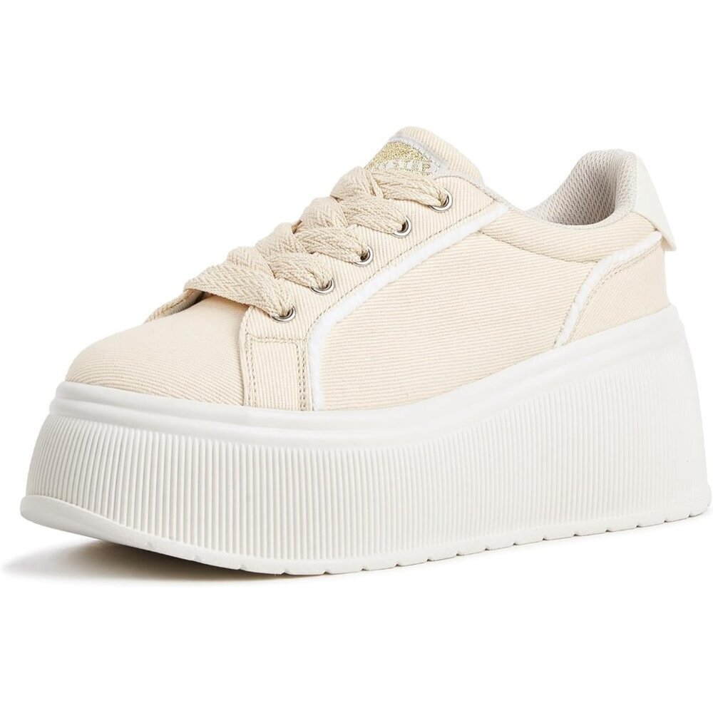 Lucky Step Women Beige Platform Low Top Classic Wedge Retro Canvas Sneakers
